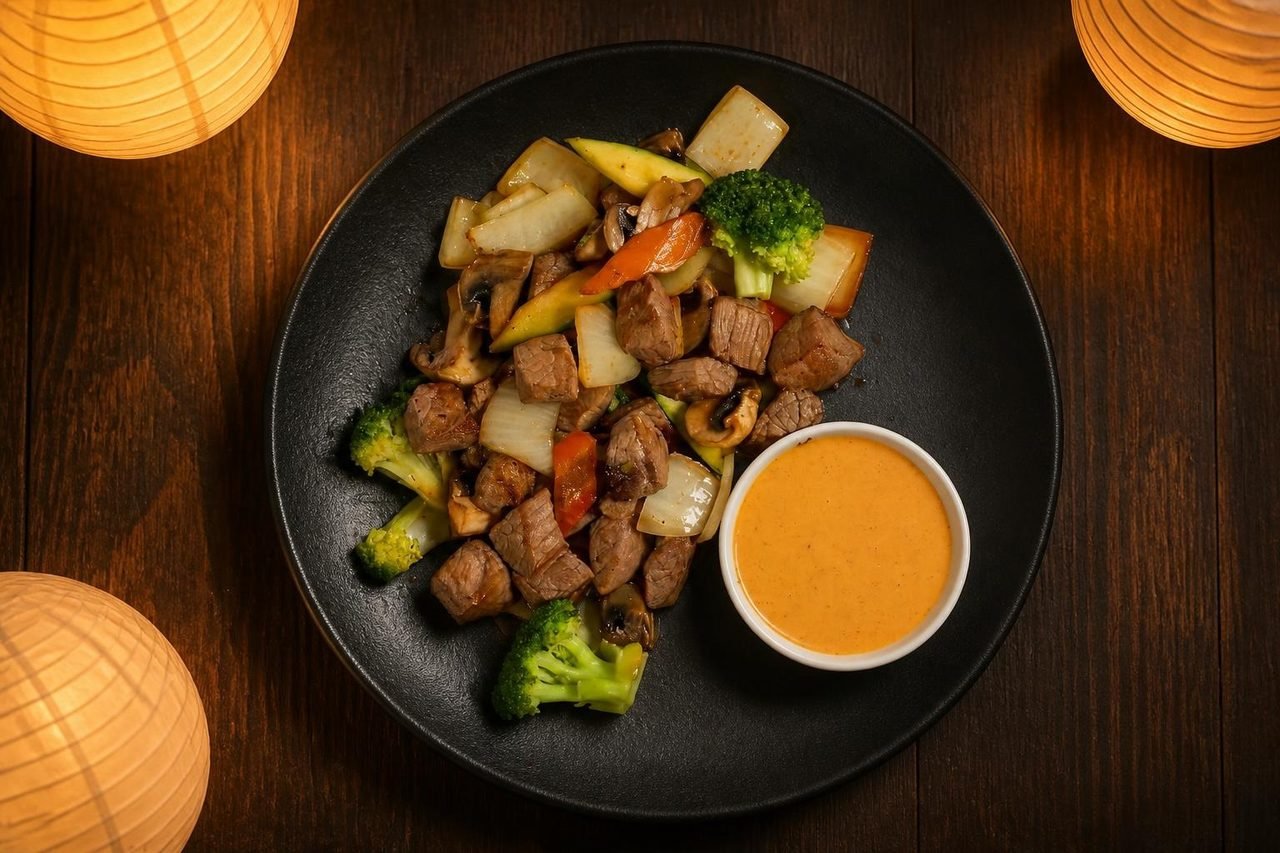 Hibachi steak with broccoli, carrots, zucchini and yum yum sauce