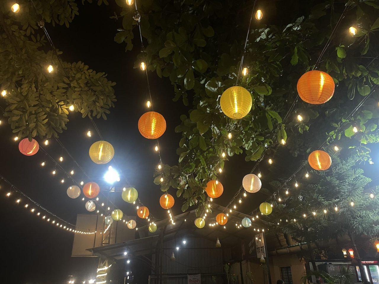Strings of paper lanterns glowing at night