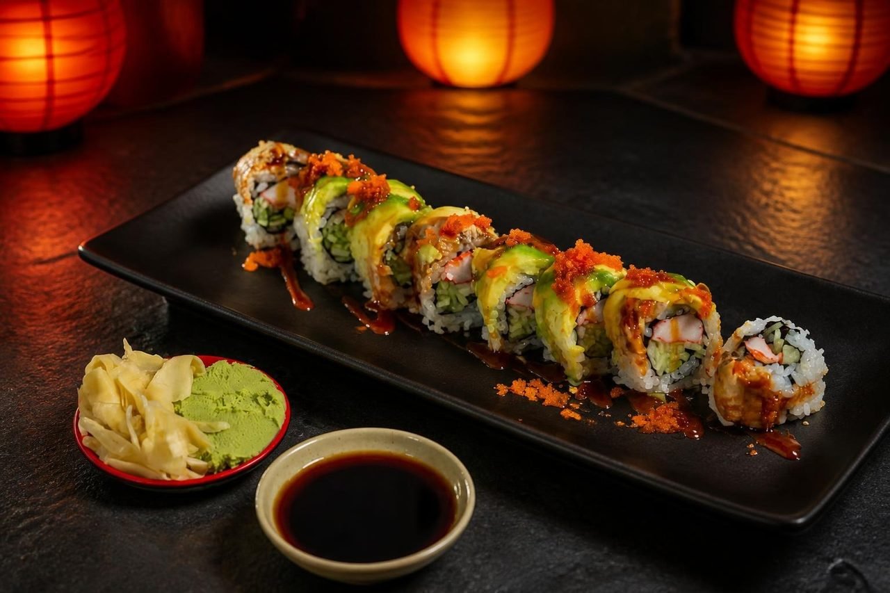 Rolls with eel sauce, ginger and wasabi
